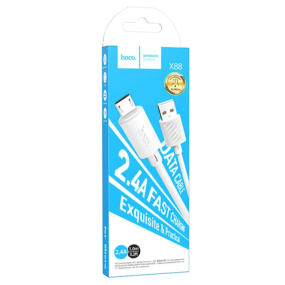 Кабель USB-microUSB 2.4A HOCO X88 белый 1м