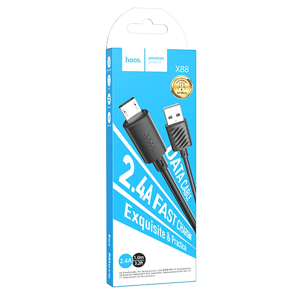 Кабель USB-microUSB 2.4A HOCO X88 черный 1м